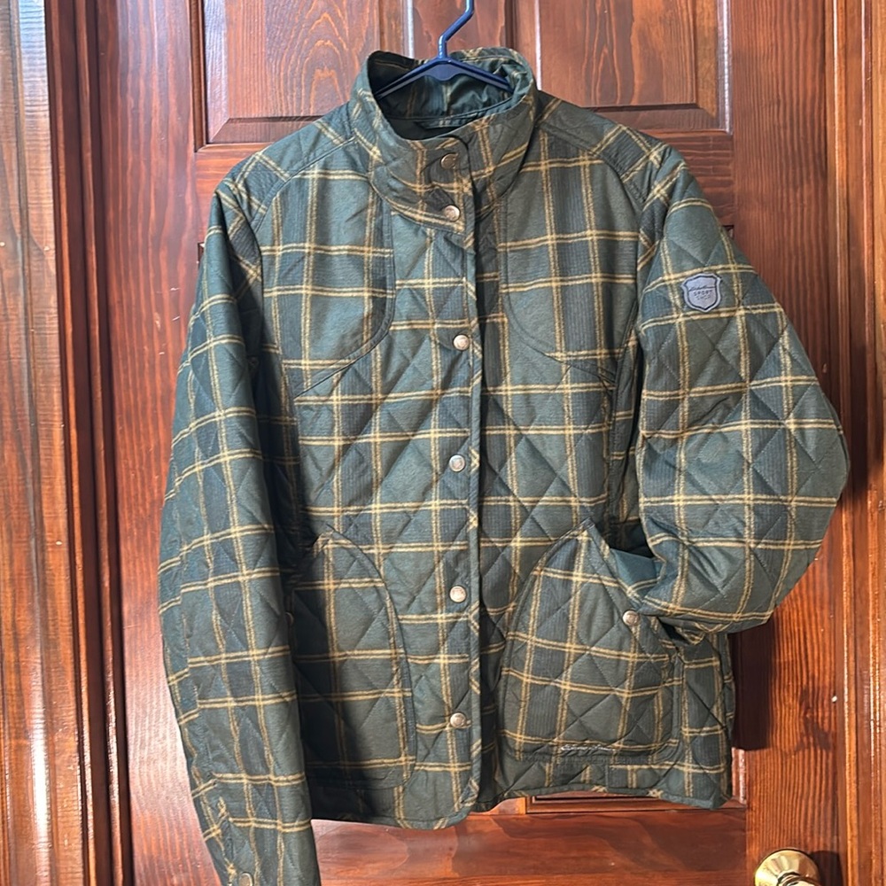 Eddie Bauer Sportshop Quilted Jacket – Olive Gold Plaid Woman’s Sz Lg
